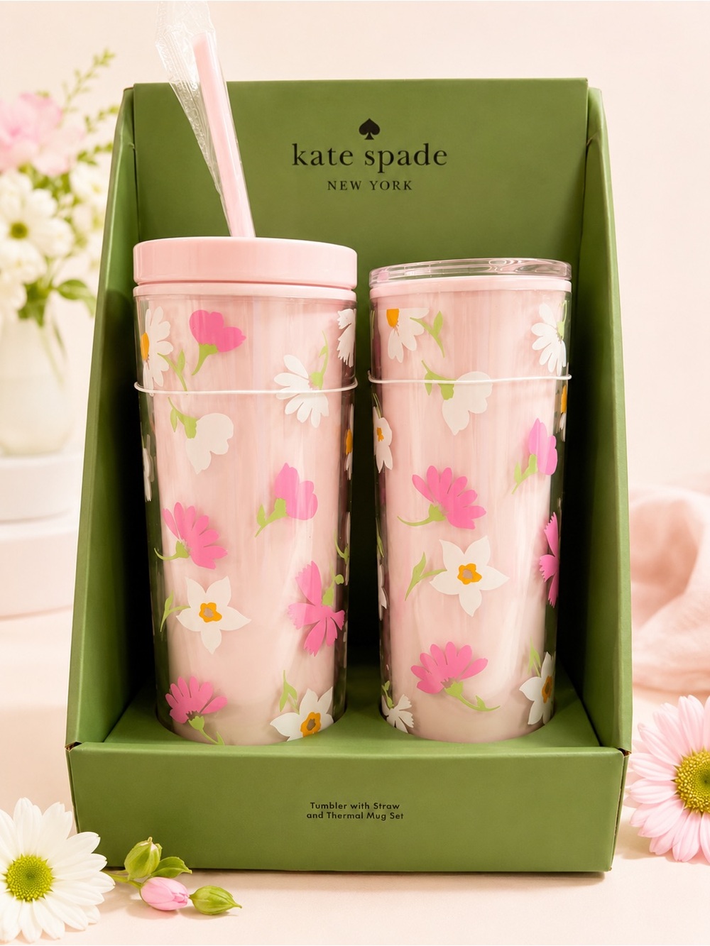 Kate Spade New York Floral Tumbler with Straw & Thermal Mug Gift Box Set NEW